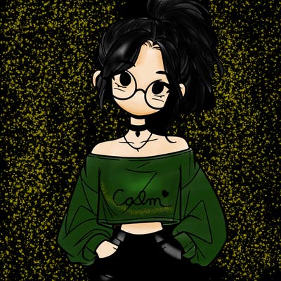 girl with a messy ponytail glasses a baggy crop top and jean shorts