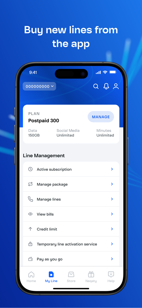 La schermata di gestione delle linee dell'app Mobily che mostra un piano postpagato con dettagli sui dati e sui minuti accanto alle opzioni dell'account.