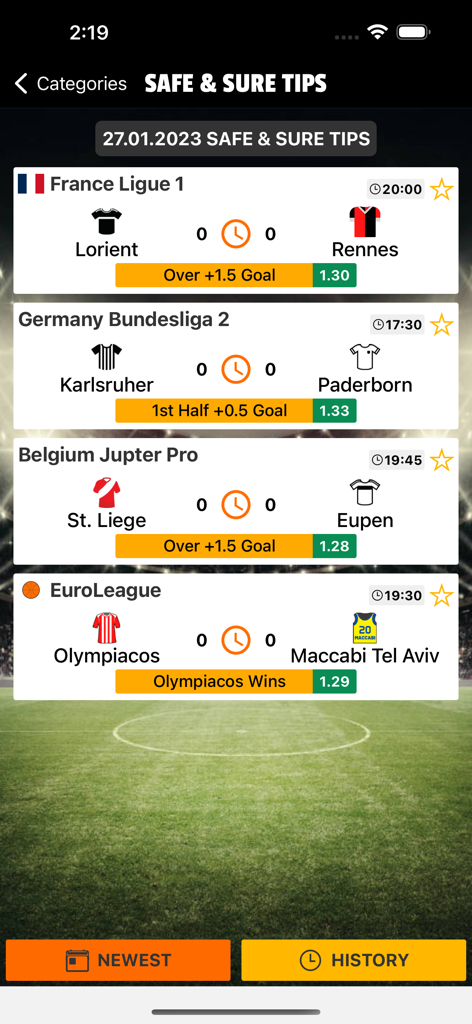 Total Tips Bet mobile app interface showing safe and sure betting tips for soccer and basketball matches.