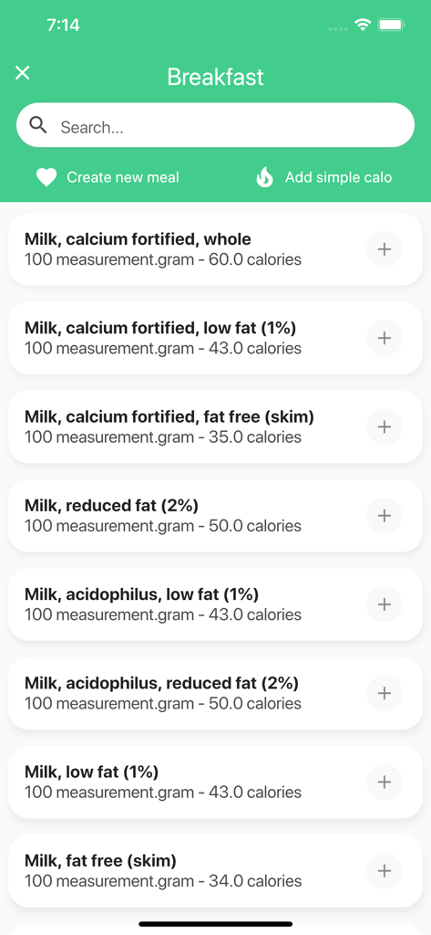 Calories: Eat Clean Diet Track - Calories 앱의 아침 식사 음식 검색 화면으로, 다양한 우유 종류와 100g당 칼로리 수치를 표시합니다.