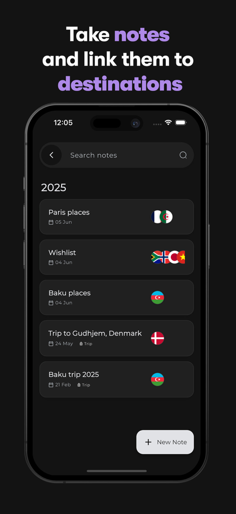 A screenshot of the Tripnote app showing a list of organized travel notes for destinations like Paris and Baku