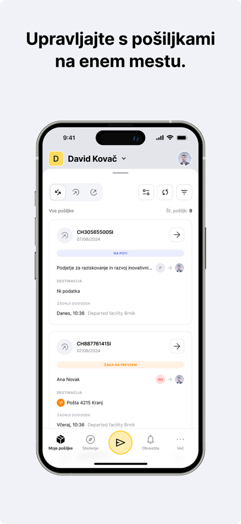 Painel do aplicativo MojaPošta mostrando uma lista de remessas rastreadas e status de entrega em uma tela de smartphone.