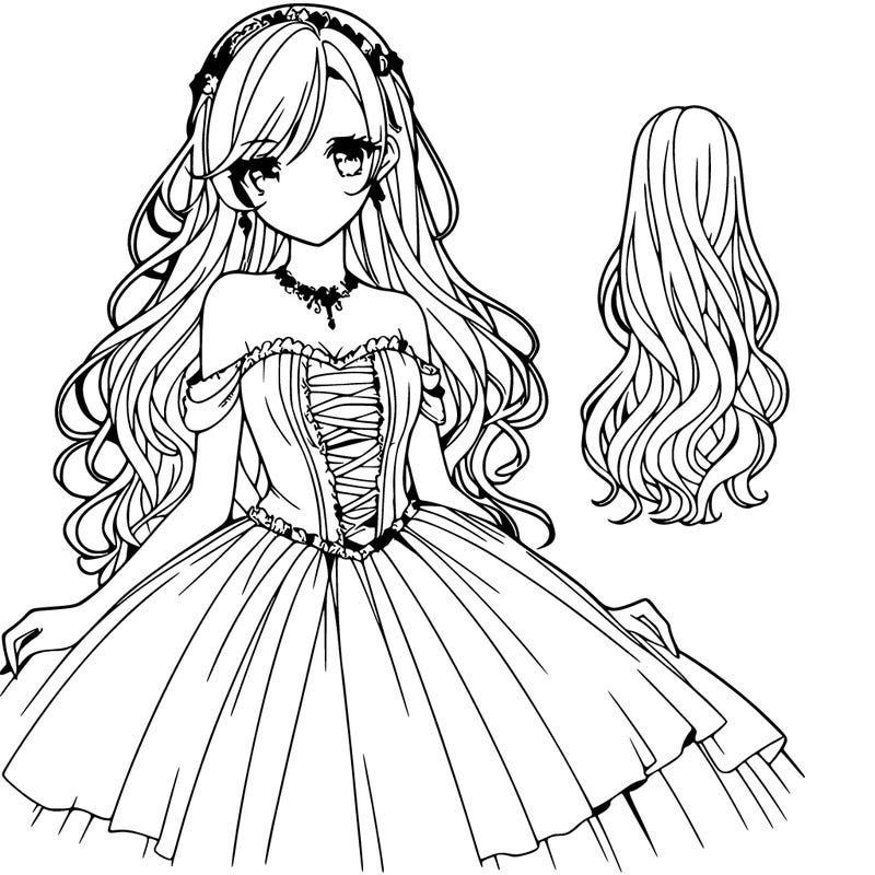 pretty anime woman with long hair and wearing a ball gown