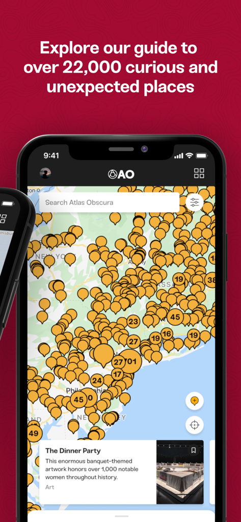 Atlas Obscura Travel Guide - A smartphone displaying the Atlas Obscura map filled with thousands of curious and unexpected places.