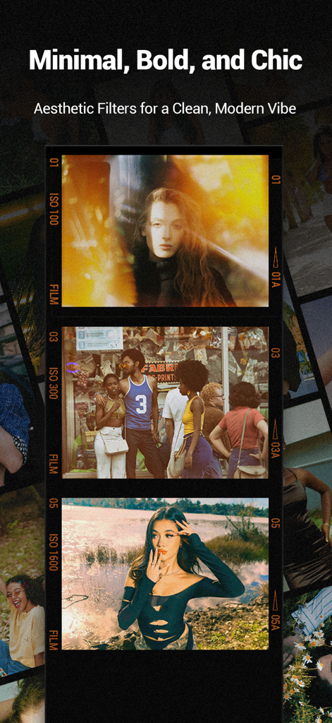 Collection of minimal and bold aesthetic filters displayed in vintage film strip frames.