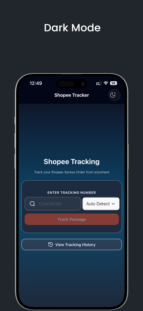 Spx Tracking - shopee! tracker - ダークモードのShopee SPX追跡インターフェースを表示するスマートフォン画面。
