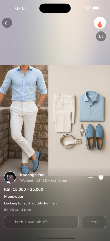 Screenshot of the Nikela app featuring a menswear listing with a blue shirt and white trousers