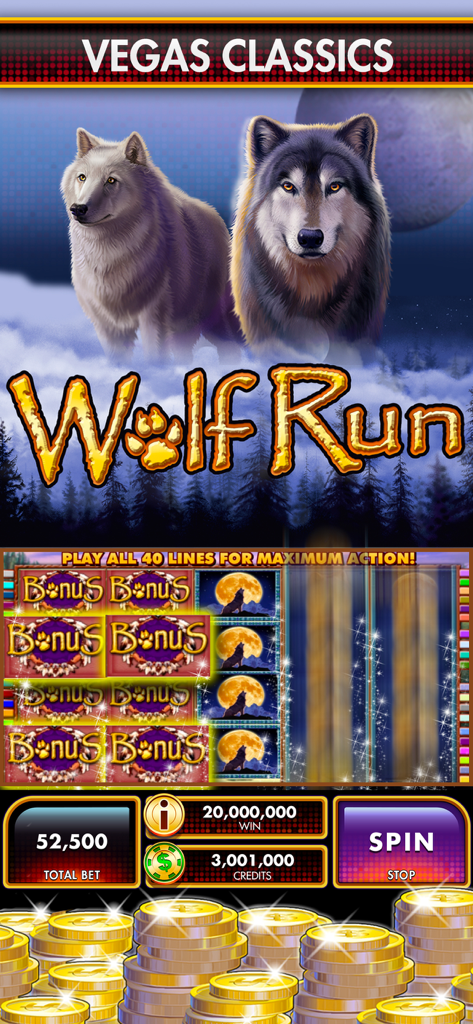 Slots DoubleDown Fort Knox - Interfaz de la máquina tragamonedas Wolf Run mostrando símbolos de bonificación y una gran victoria en Slots DoubleDown Fort Knox