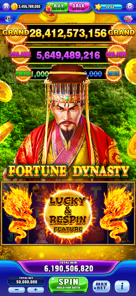 Dragon Jackpot Slots Casino - Fortune Dynasty slot game screen featuring a Chinese emperor and Lucky and Respin feature with massive jackpots.