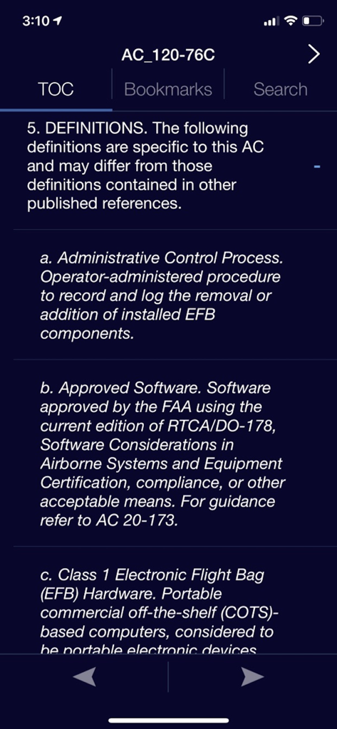 Aviation Docs app interface displaying technical definitions and electronic flight bag manual content.
