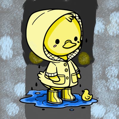 baby duck in a rain coat and boots, in a puddle while it’s raining