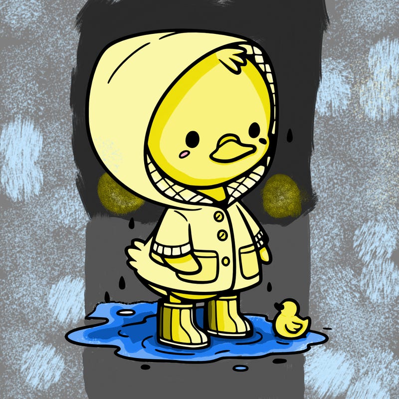 baby duck in a rain coat and boots, in a puddle while it’s raining