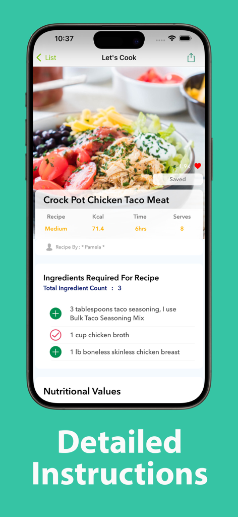 Weight Loss Recipe Book - A mobile app screen displaying a healthy chicken taco meat recipe with ingredients and calorie details.