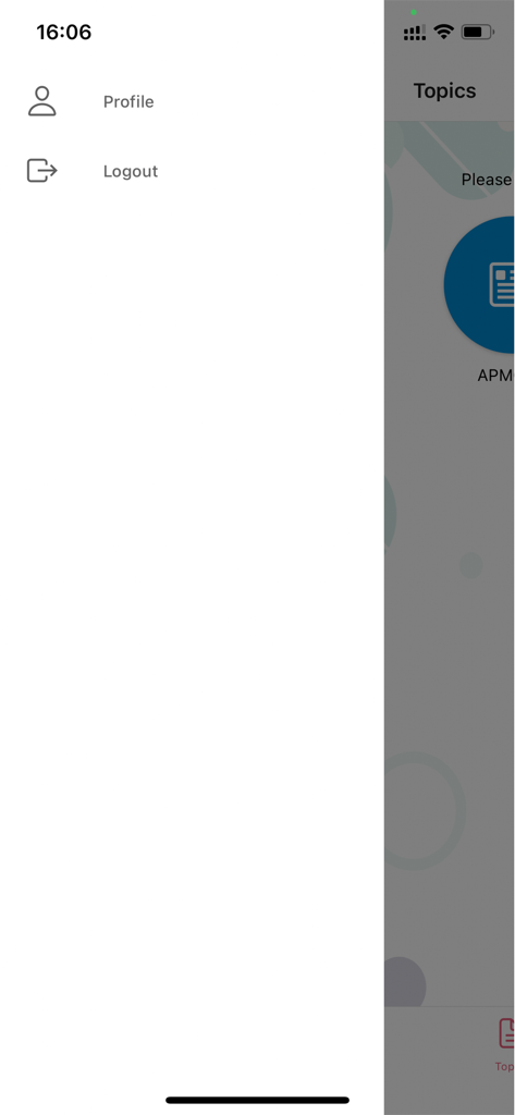 APMOPS & HCIC - Side menu of the APMOPS and HCIC app showing profile and logout options