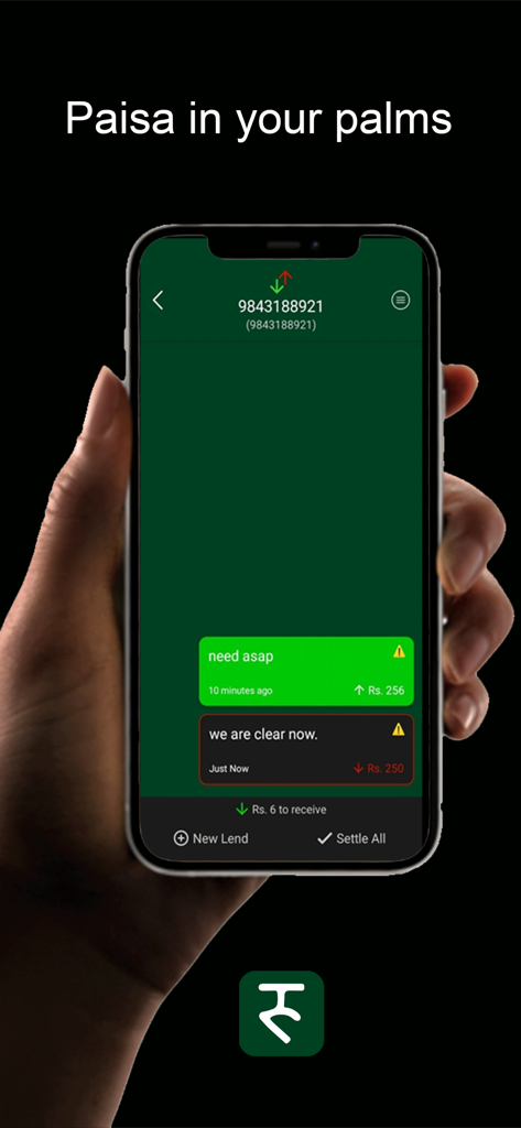 A hand holding a smartphone displaying the Paisa Experience App interface showing credit records and transaction history