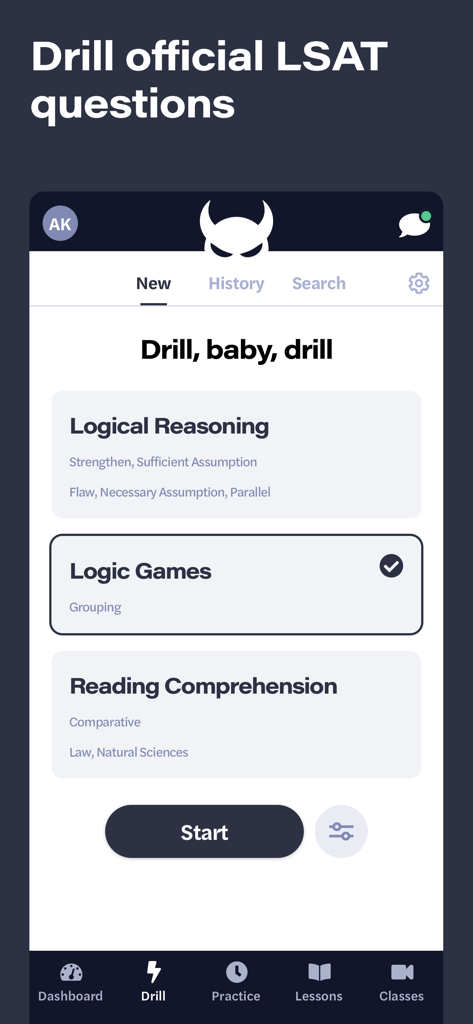 LSAT Demon - LSAT Demon app screen showing official LSAT drilling categories for Logical Reasoning and Logic Games