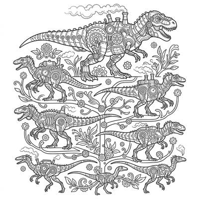 Embark on an extraordinary coloring journey through the T-Rex evolutionary lineage, reimagined with a captivating steampunk twist. This intricate design features mechanical dinosaurs adorned with gears and steam-powered marvels, promising hours of creative fun.