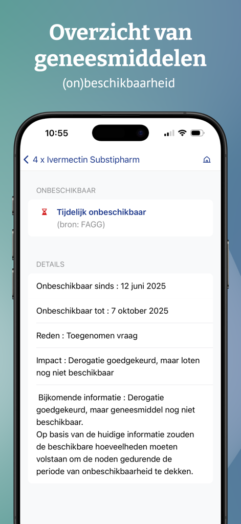 BCFI app screenshot displaying the temporary unavailability status and details for a specific medicine