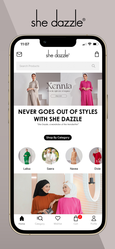 She Dazzle mobile app home screen displaying modest women fashion collections and shopping categories