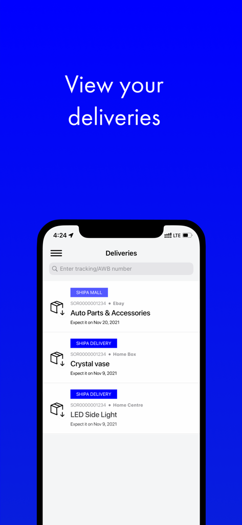 Shipa delivery - Shipa Delivery app interface displaying a list of active package deliveries with tracking information