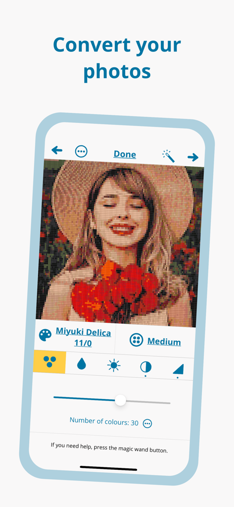 Loomerly: Loom, peyote & brick - Loomerly app interface showing a portrait photo converted into a bead pattern with Miyuki Delica color settings