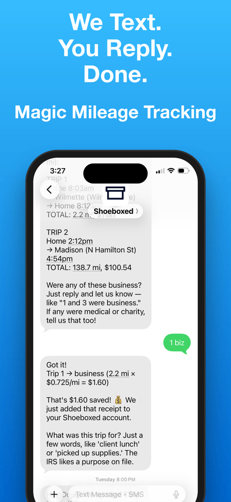 Shoeboxed: Receipt Scanner - Shoeboxed app interface showing mileage tracking and tax deduction calculations via text message