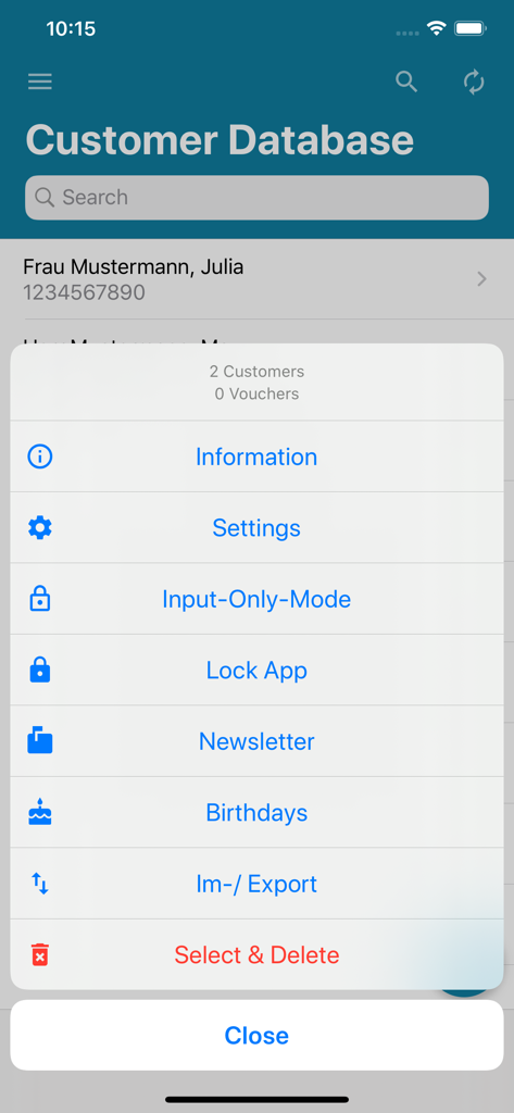Menu principale dell'app Database Clienti con opzioni di gestione e impostazioni