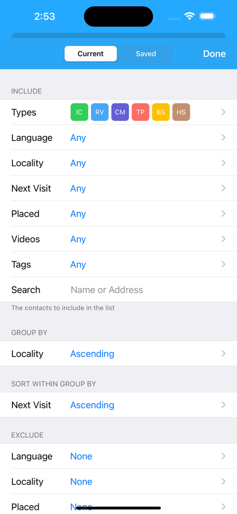 ServicePlanner - Advanced contact filtering and sorting settings in the ServicePlanner app showing options for grouping by locality and sorting by next visit date.