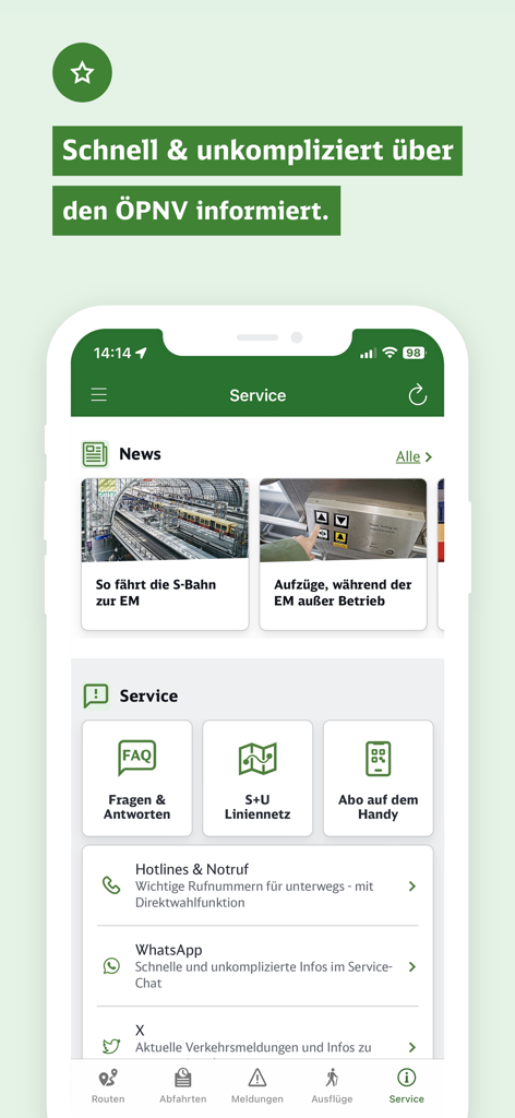S-Bahn Berlin app service screen showing news, network maps, and customer support options