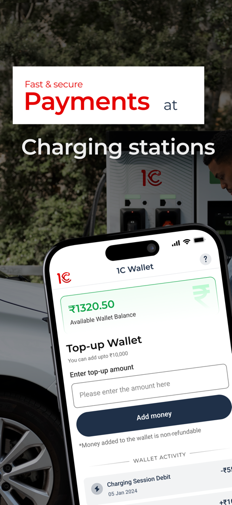 1C EV Charging - 1C EV Charging App Wallet-Oberfläche für sichere Zahlungen an Ladestationen