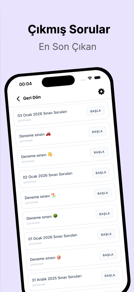 A list of past and practice exam questions for the Turkish driver license within the Cenkhca mobile application