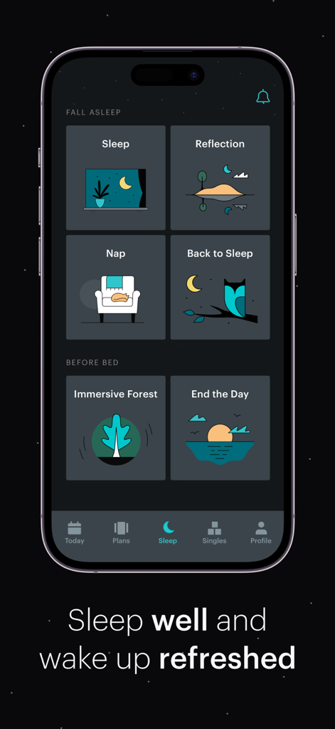 Balance: Meditation & Sleep - Interface of the Balance app showing personalized sleep meditation and relaxation options including nap and reflection modes.