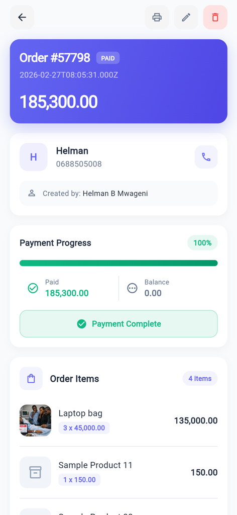 SmartBusiness Bookkeeping App - Vista dettagliata di un ordine pagato con informazioni sul cliente e elenco dettagliato nell'app SmartBusiness.