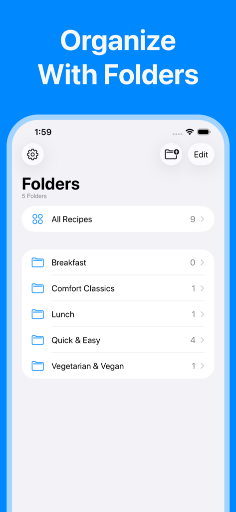 Recipes: Recipe Keeper - Interface of the Recipes Recipe Keeper app showing custom recipe folders like Breakfast and Quick and Easy.
