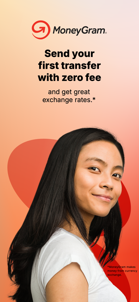 MoneyGram® Money Transfers App - Image promotionnelle de l'application MoneyGram offrant la gratuité du premier transfert avec une jeune femme souriante