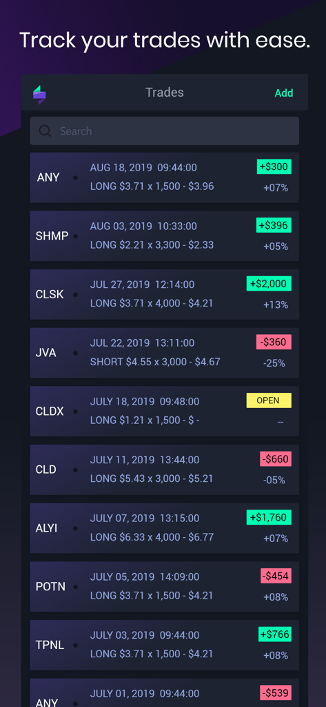 TraderSync app interface displaying a detailed list of stock and crypto trades with profit and loss data.