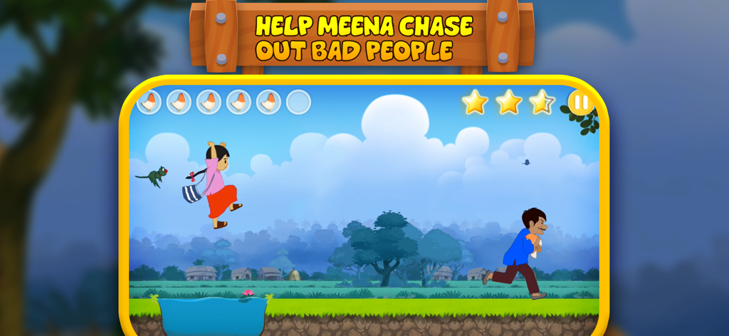 Meena character chasing a man carrying a chicken in a gameplay scene from the Meena Game app.
