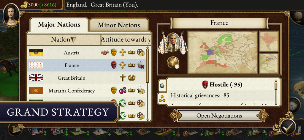 Total War™: EMPIRE - The diplomacy screen in Total War EMPIRE showing the hostile relationship status and historical grievances between Great Britain and France