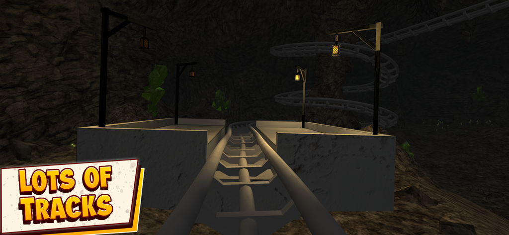 VR Roller Coaster Adventures - Eine virtuelle Achterbahnstrecke, die sich durch eine dunkle Höhle mit Laternen schlängelt