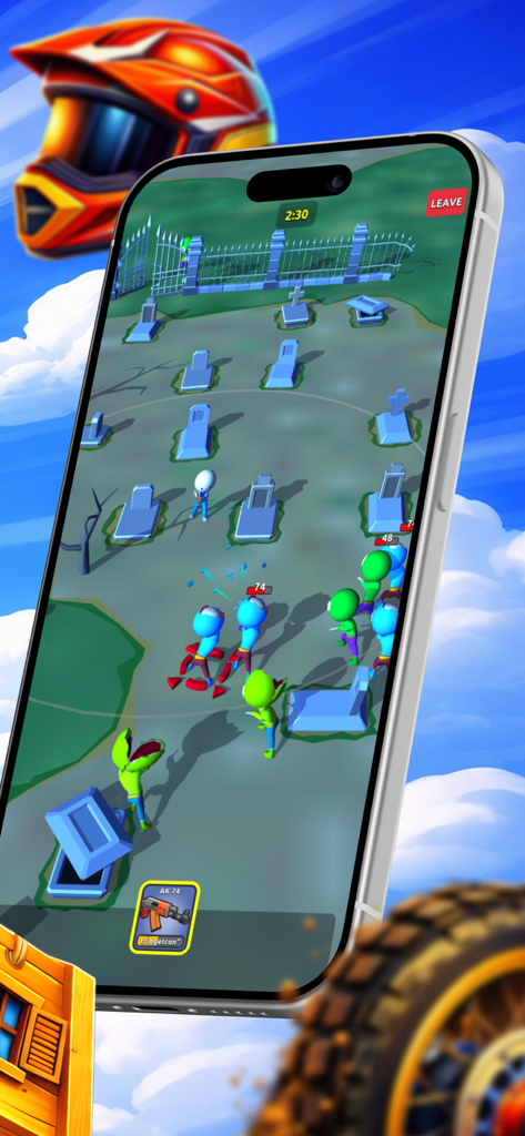 Strong Whisper Expert - Jugabilidad de acción de supervivencia desde arriba en Strong Whisper Expert que muestra a un personaje luchando contra enemigos en un cementerio.