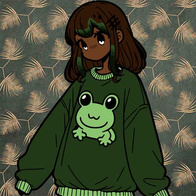 girl wearing frogging sweatshirt