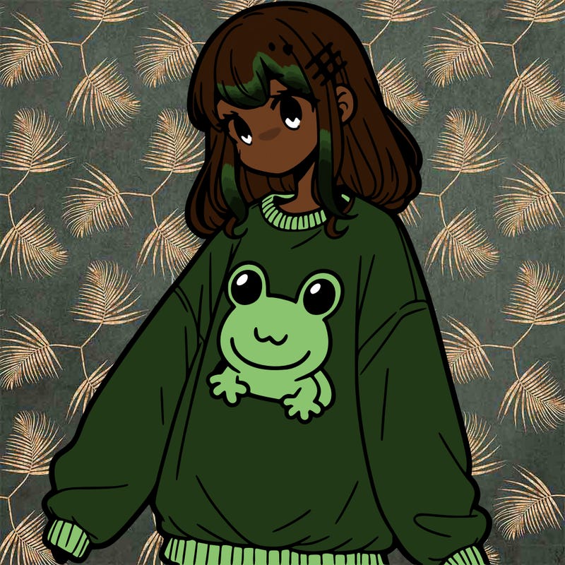 girl wearing frogging sweatshirt