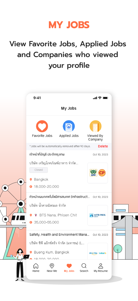 JobThai Jobs Search - Screenshot of the JobThai mobile app My Jobs screen showing saved favorite jobs applied positions and companies that viewed the user profile
