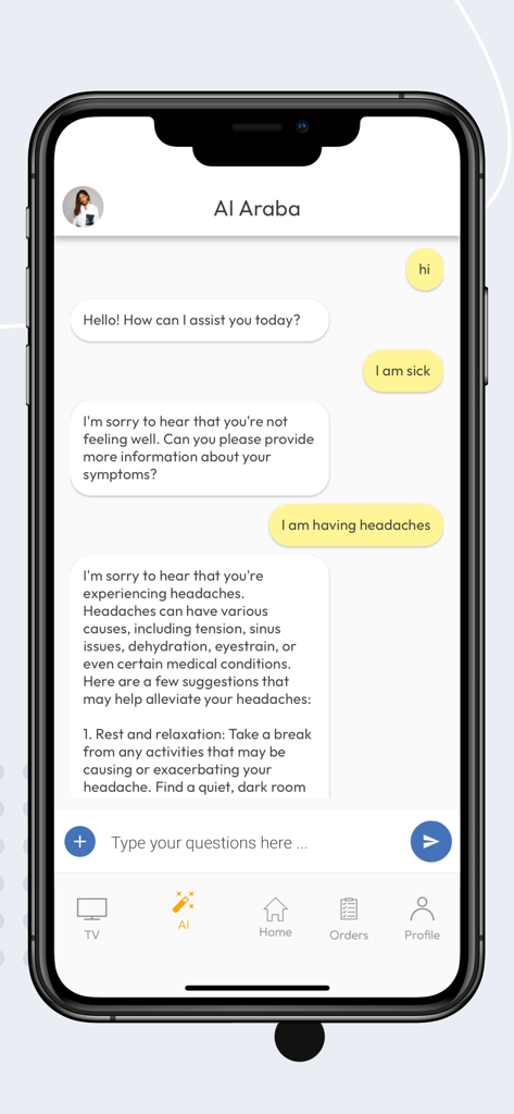 Smartphone screen displaying a chat with the DrugNet AI assistant providing health advice for headaches
