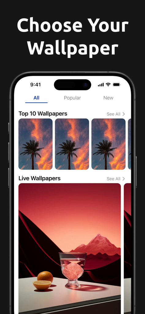 Wallpapers HD, 4K & Live - Interfaz de una aplicación de fondos de pantalla mostrando las diez principales categorías y categorías de fondos de pantalla Vivos.