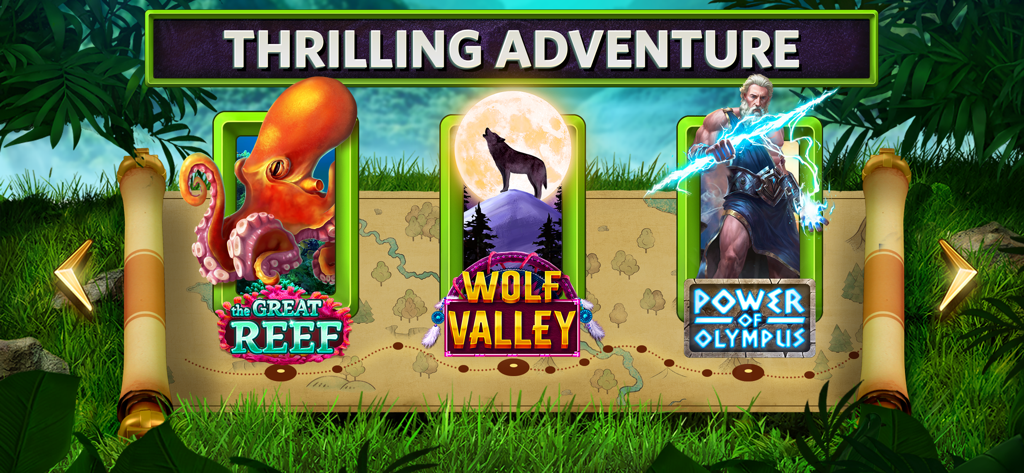 Una selezione di slot machine a tema in Slots on Tour con The Great Reef, Wolf Valley e Power of Olympus