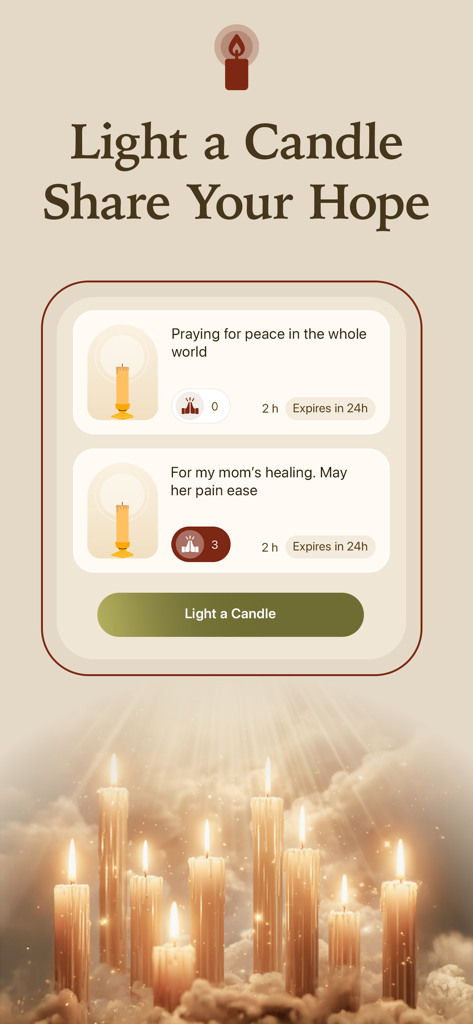 Faith Mentor - AI Bible Chat - A feature in the Faith Mentor app allowing users to light a virtual candle and share communal prayer requests for peace and healing.