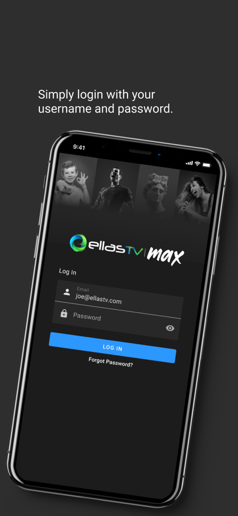 Ellas TV Max - Login page for the Ellas TV Max app on a smartphone showing fields for email and password