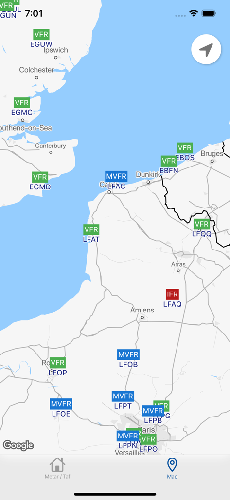 Aviation weather - METAR & TAF - Aviation weather app map showing VFR and IFR flight conditions at various airports