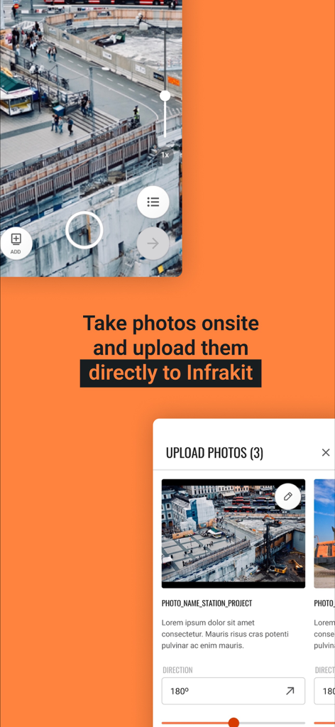Infrakit FIELD - Infrakit FIELD mobile App-Oberfläche, die die Aufnahme von Fotos vor Ort und direkte Upload-Funktionen für Bauprojekte zeigt